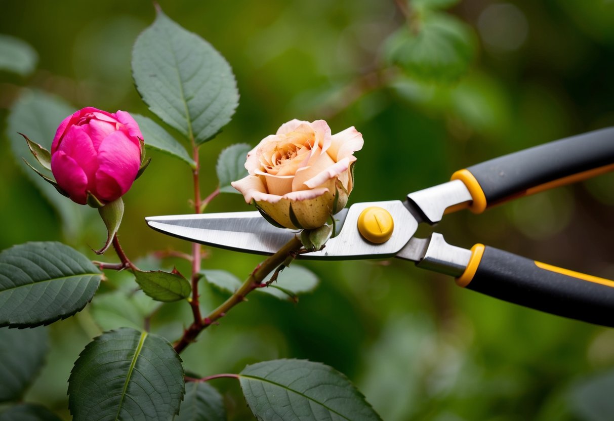 A pair of pruning shears snips off a withered rose bloom, surrounded by healthy green leaves and a vibrant pink bud