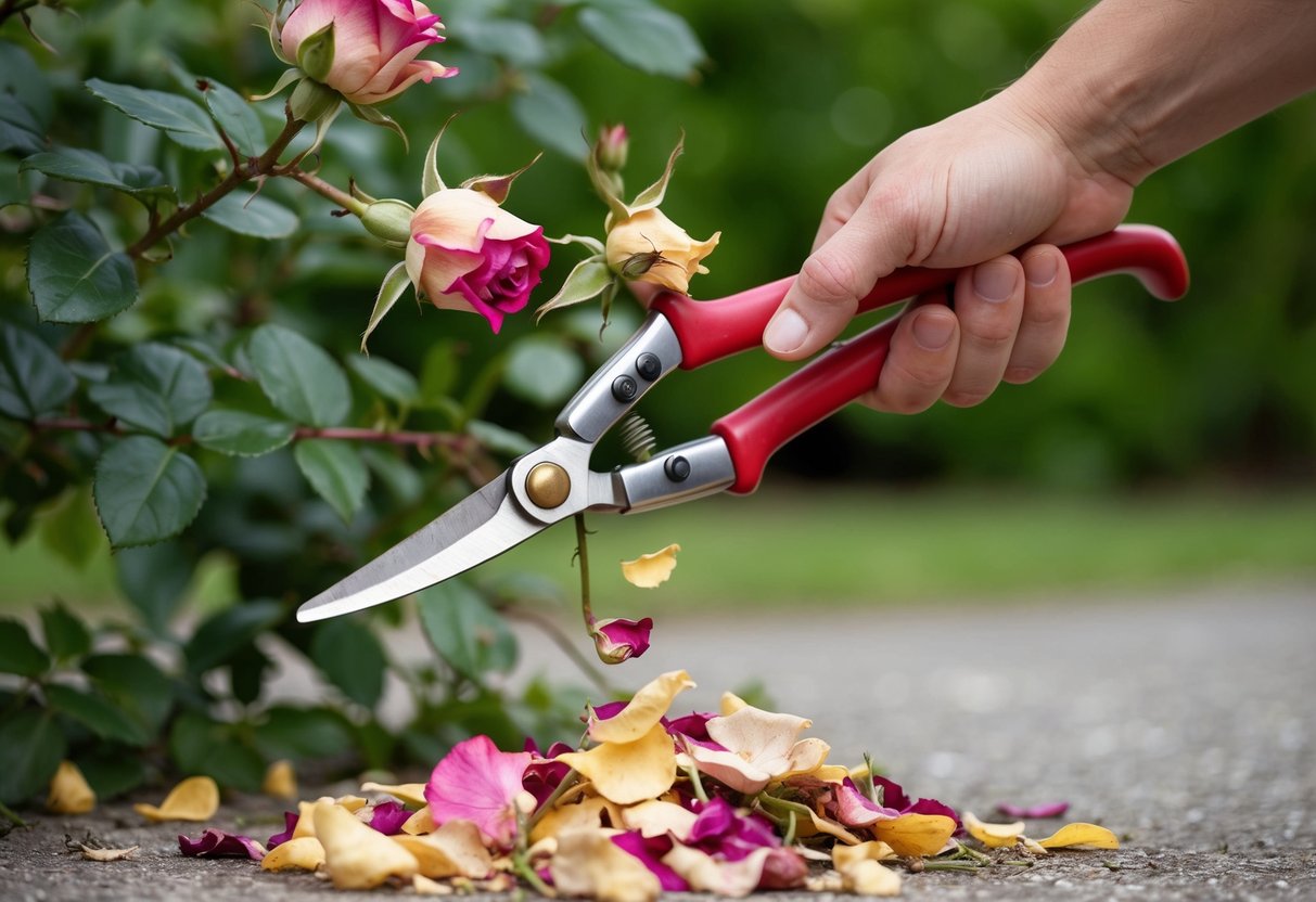 A pair of garden shears snipping off withered rose blooms from a healthy rose bush, with a pile of discarded petals on the ground