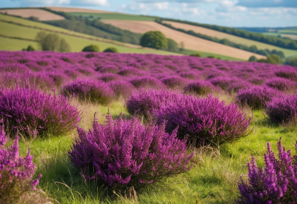 A sprawling field of vibrant purple heather blooms, nestled among the rolling hills of the UK countryside