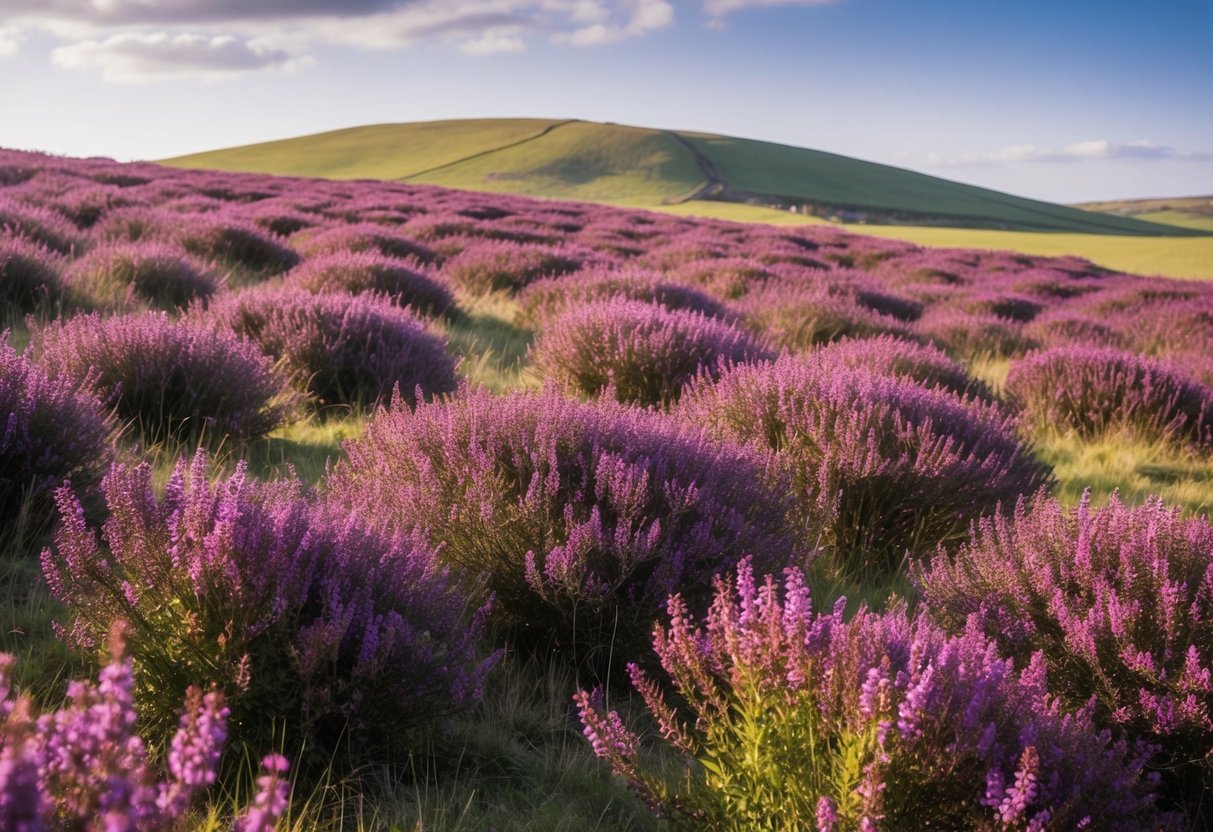 A field of heather in bloom, with vibrant purple flowers stretching across the rolling hills of the UK