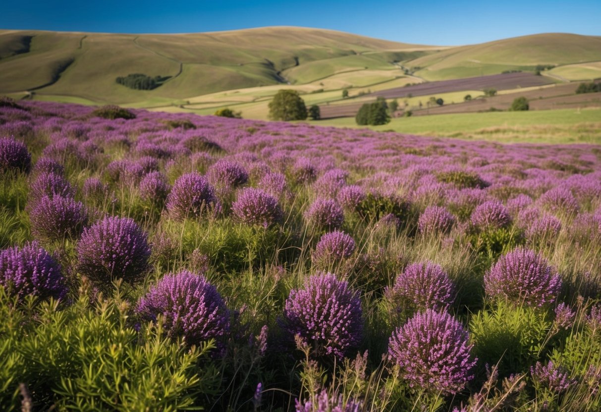 A sprawling meadow filled with vibrant purple heather flowers, surrounded by rolling hills and a clear blue sky