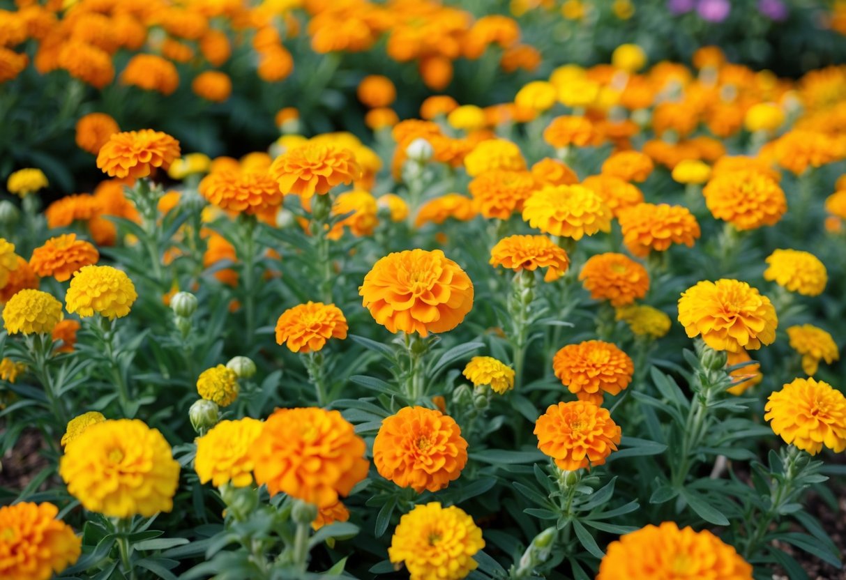 A garden bed filled with vibrant marigold flowers spreading out in all directions, their bright orange and yellow petals creating a beautiful and lively scene