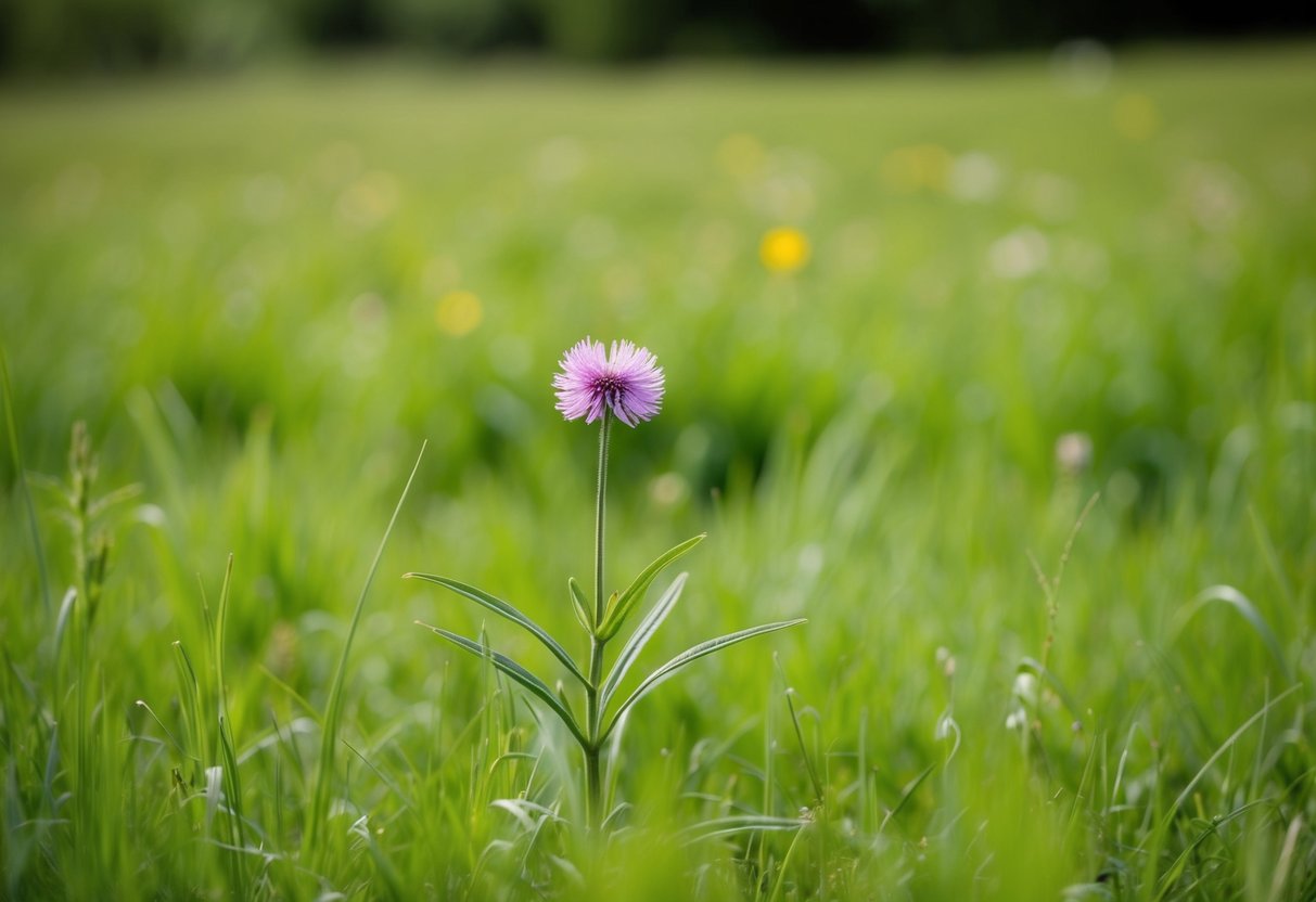 A lush, green meadow in the UK with a solitary rare purple flower standing tall among the grass, drawing the attention of curious onlookers