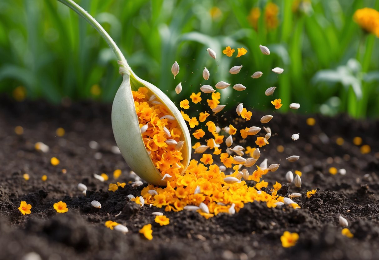 Marigold seeds bursting from a pod, scattering across fertile soil