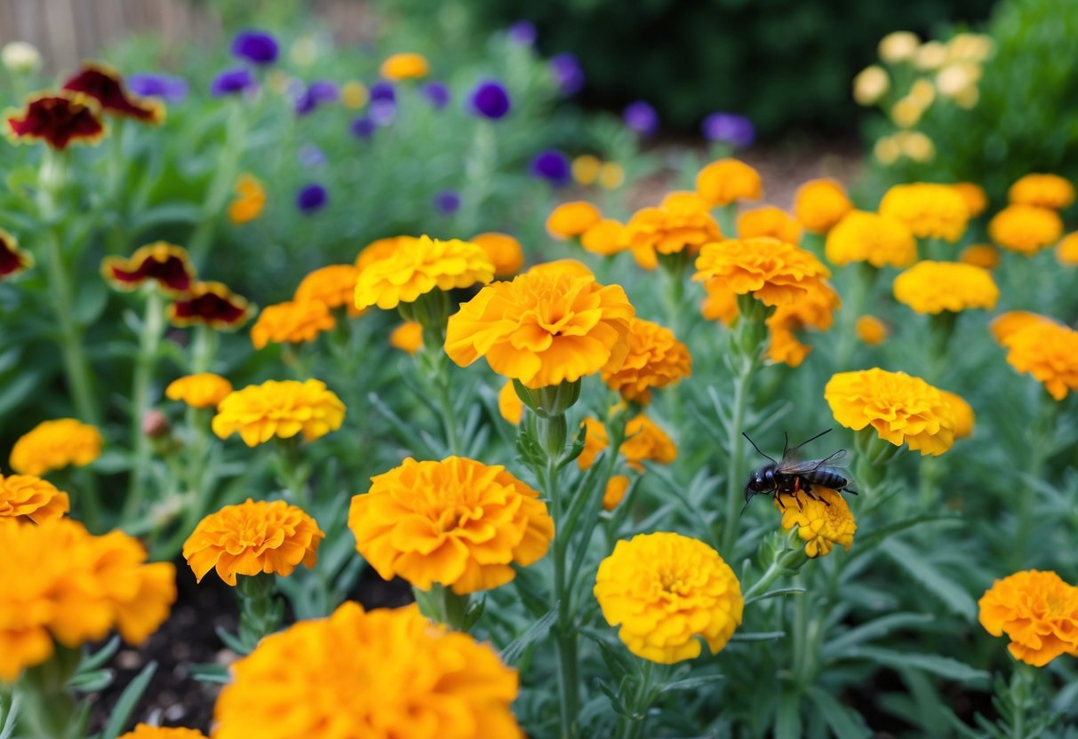 Vibrant marigold flowers spreading across a garden, with pesky pests lurking nearby