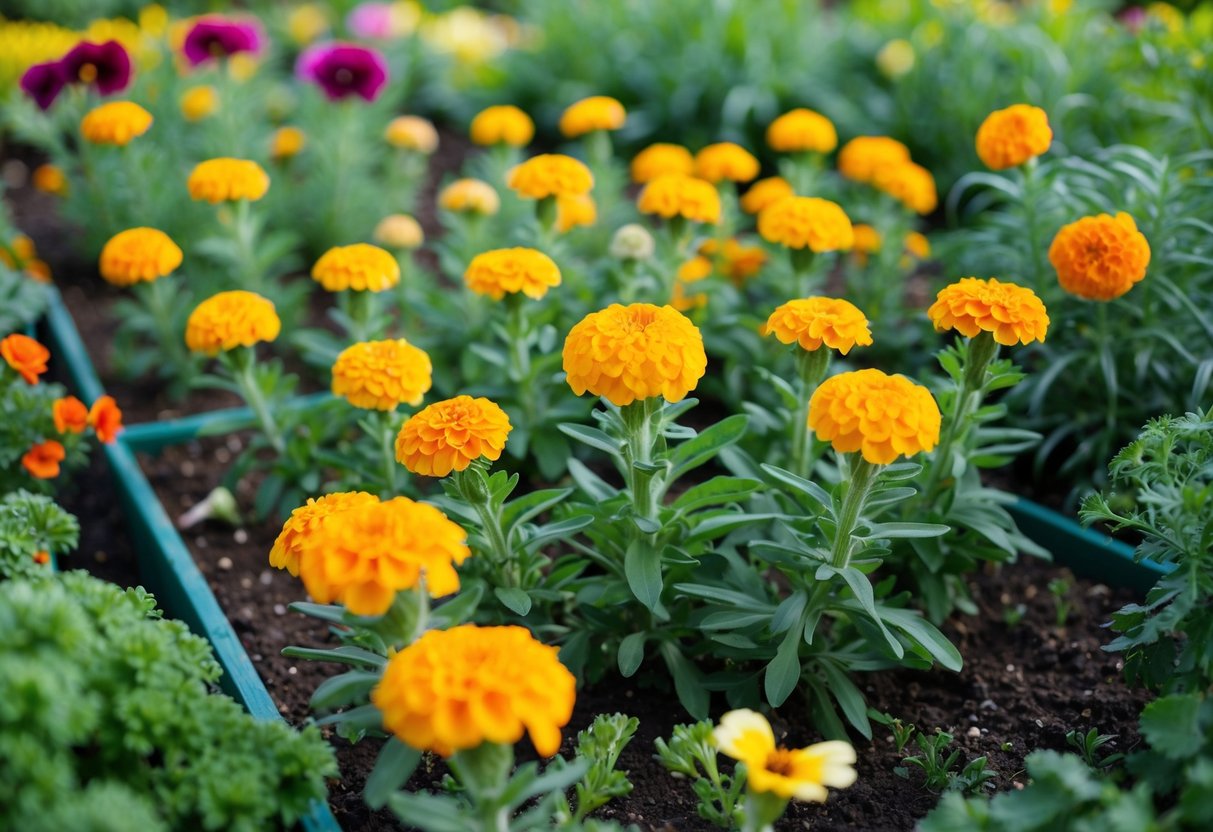 Marigold plants spreading out in a garden bed, intermingled with other vegetables and flowers, showcasing the concept of companion planting and its benefits