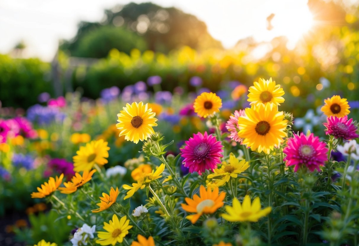 A vibrant garden filled with sun-loving annual flowers in full bloom, basking in the warm rays of the sun