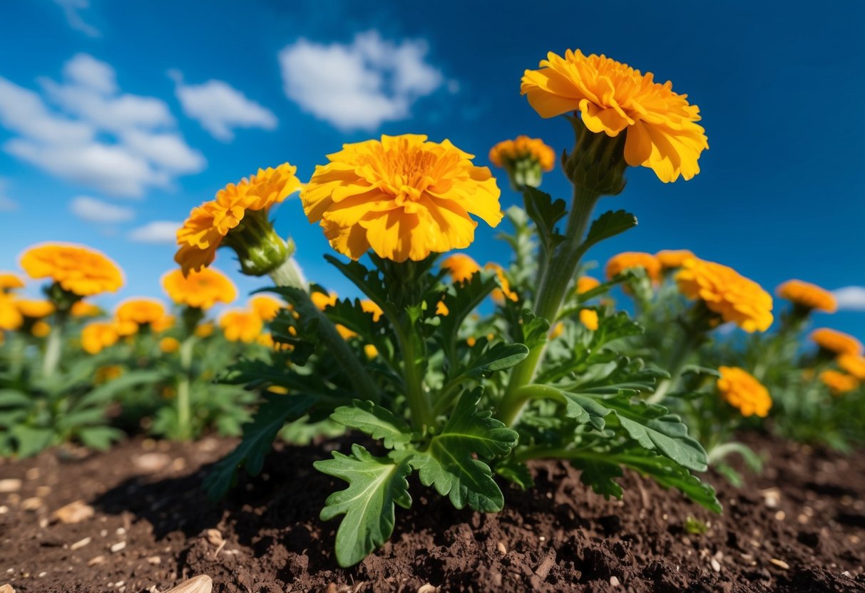 A vibrant marigold plant thrives under the direct sunlight, surrounded by rich, nutrient-filled soil and clear blue skies