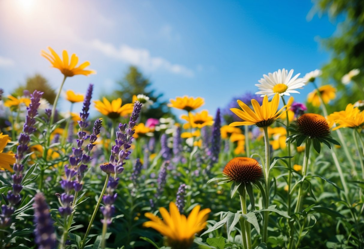 A vibrant garden with sun-loving perennials like daisies, lavender, and coneflowers blooming under a clear blue sky