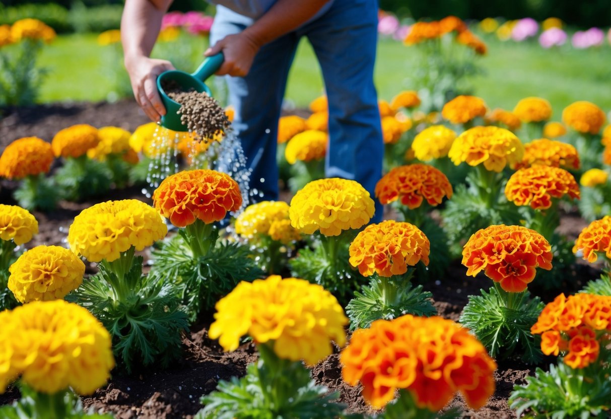 Marigolds thrive in a sunny garden, with vibrant yellow and orange blooms. A gardener carefully plants the seeds in rich, well-drained soil, watering them gently