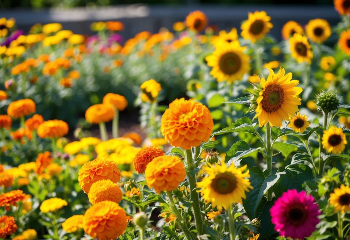 A vibrant garden of sun-loving flowers, including marigolds, zinnias, and sunflowers, basking in the warmth of the sun