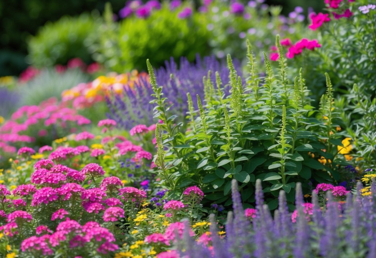 A garden filled with vibrant, sprawling perennials, such as creeping phlox, creeping Jenny, and creeping thyme, creating a lush and colorful carpet of flowers