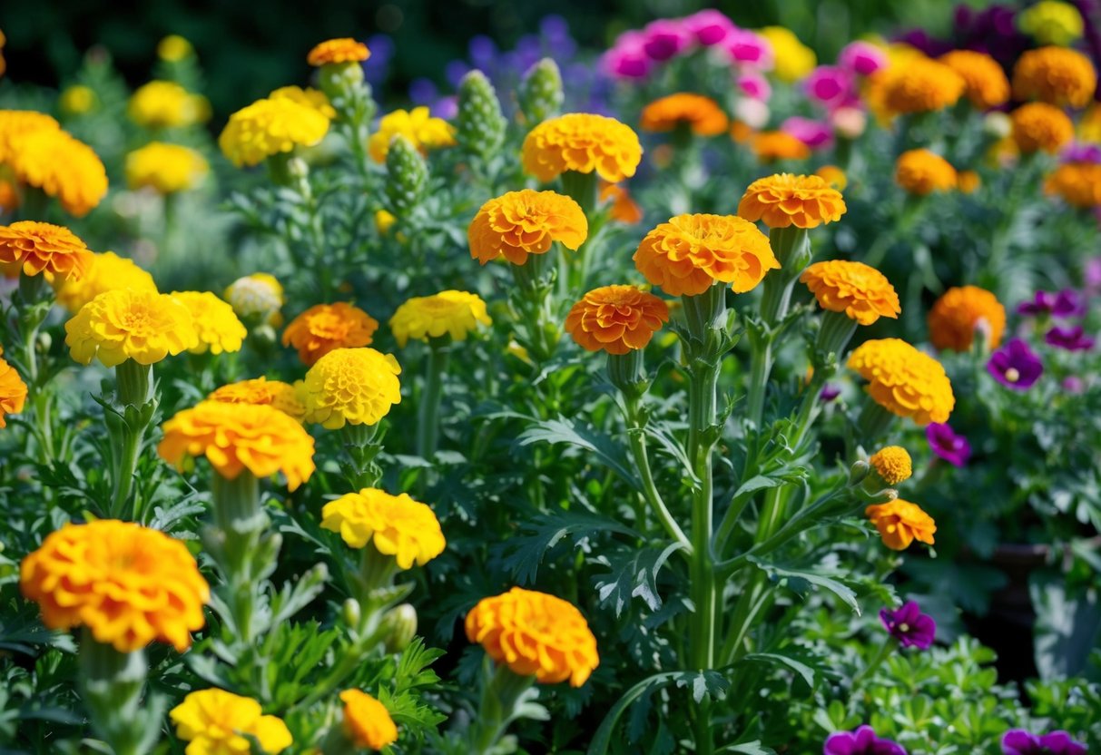 A vibrant garden with various marigold varieties thriving in the bright sunlight, while others struggle in the shaded areas