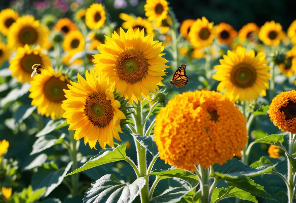 Bright yellow sunflowers and vibrant orange marigolds bloom in a garden bathed in sunlight, attracting bees and butterflies with their nectar-rich blossoms