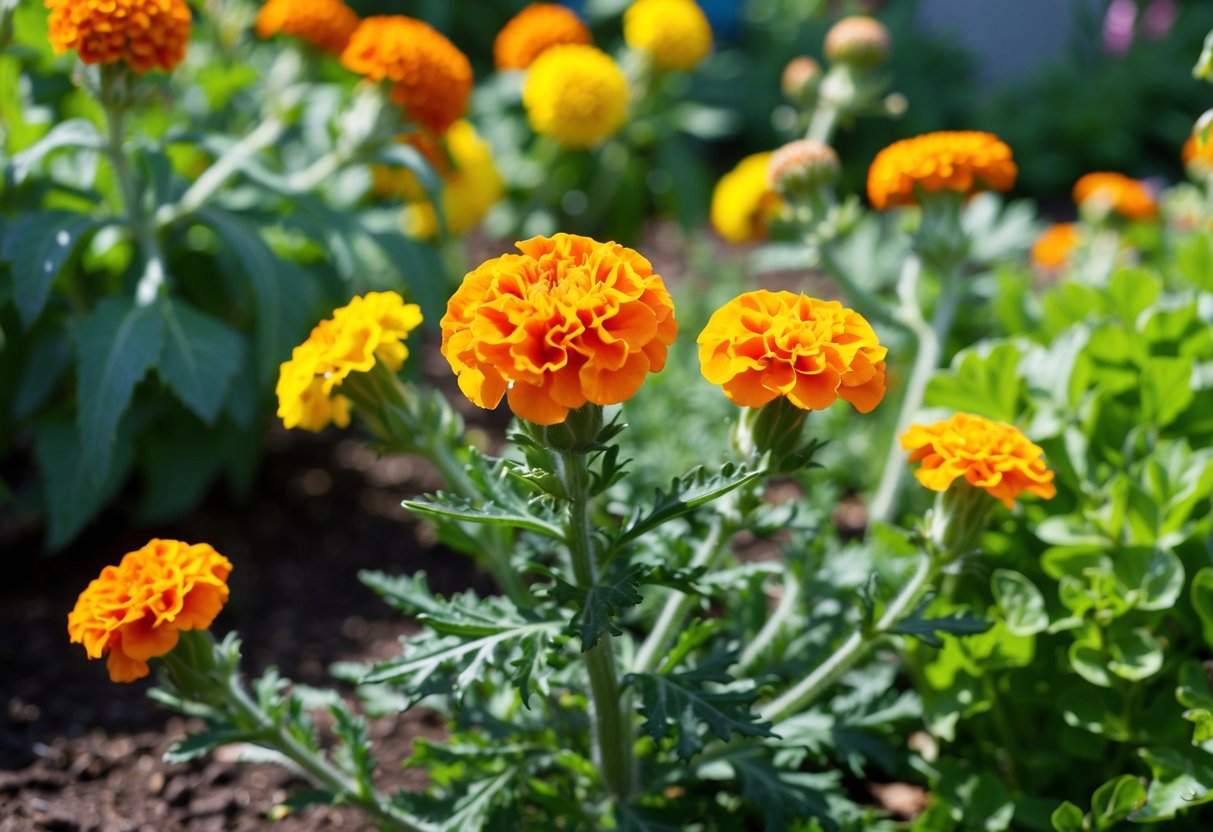 A marigold plant thriving in a sunny garden, with vibrant orange and yellow blooms and healthy green foliage, while nearby plants in shaded areas appear wilted and diseased