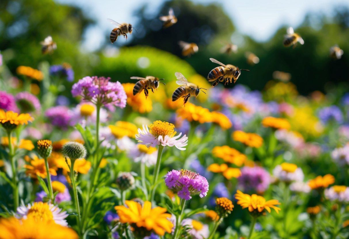 A vibrant garden filled with blooming flowers attracting bees, butterflies, and other pollinators