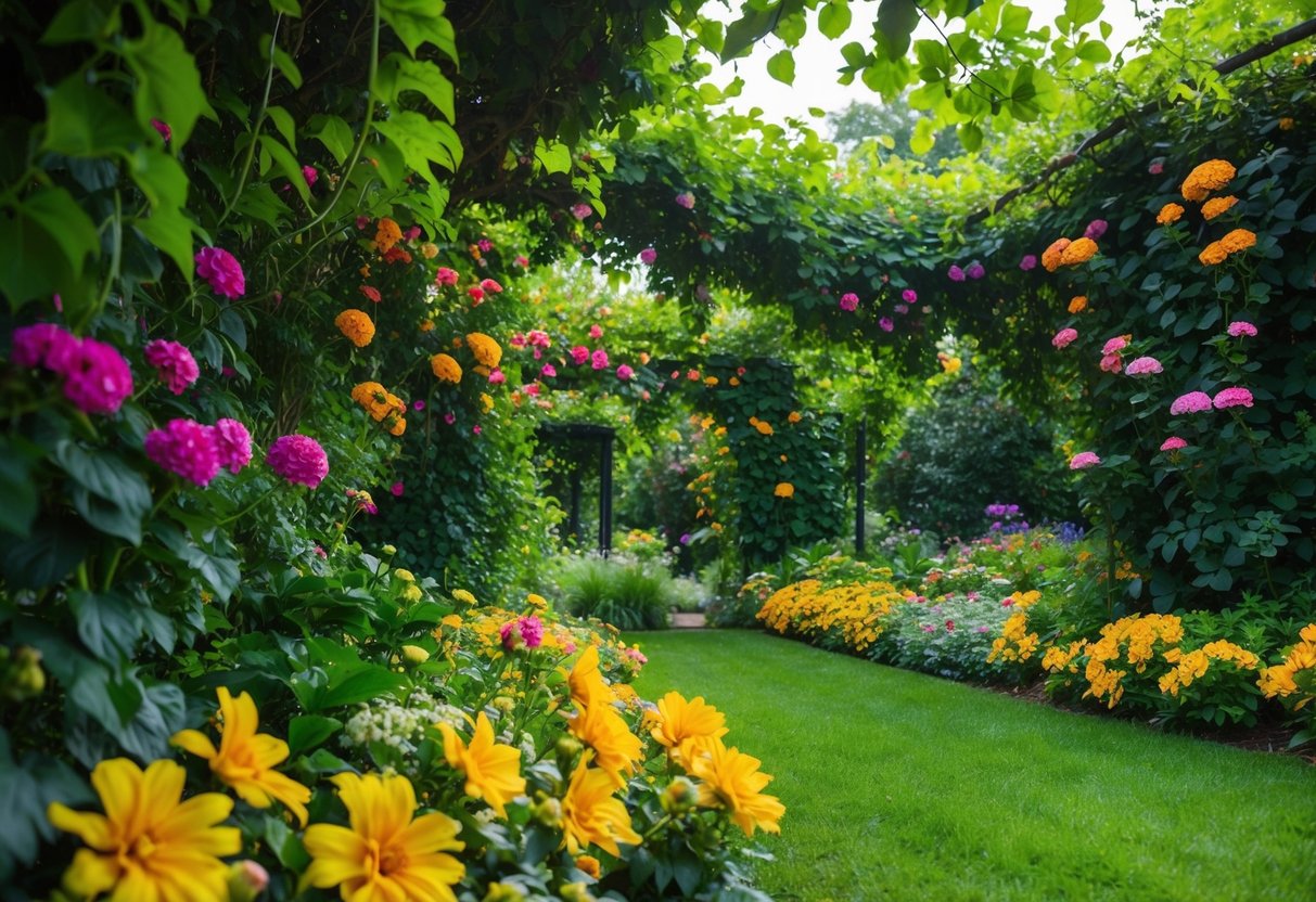 Lush greenery and colorful flowers fill a shaded garden, with sprawling vines and large, vibrant blooms spreading across the ground