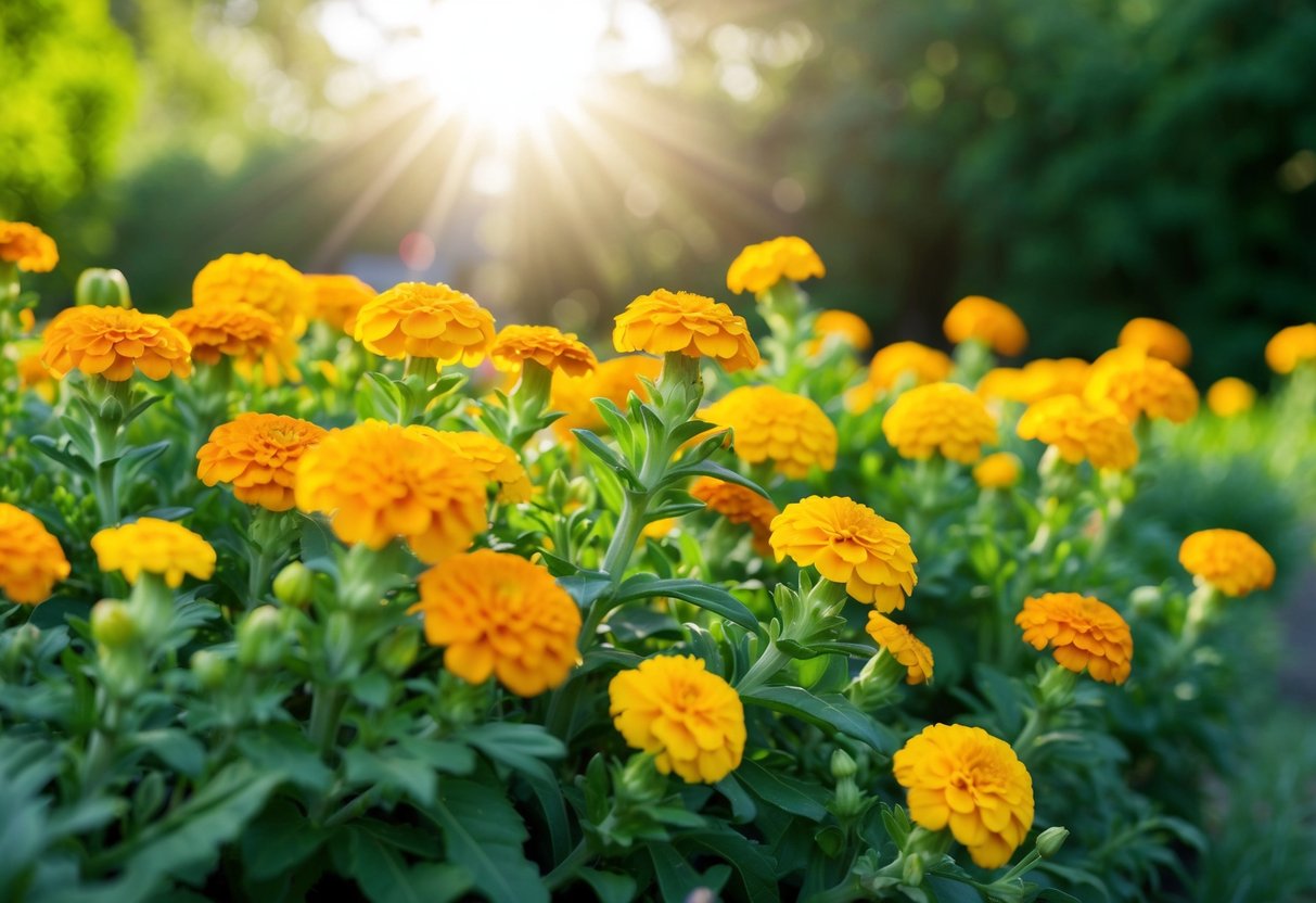 Bright sun shines on a lush garden bed of vibrant marigolds, their healthy green leaves and golden flowers thriving in the sunlight