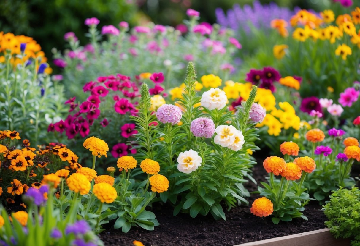 A garden bed filled with colorful blooms of popular perennials in various stages of flowering, creating a lush and vibrant scene