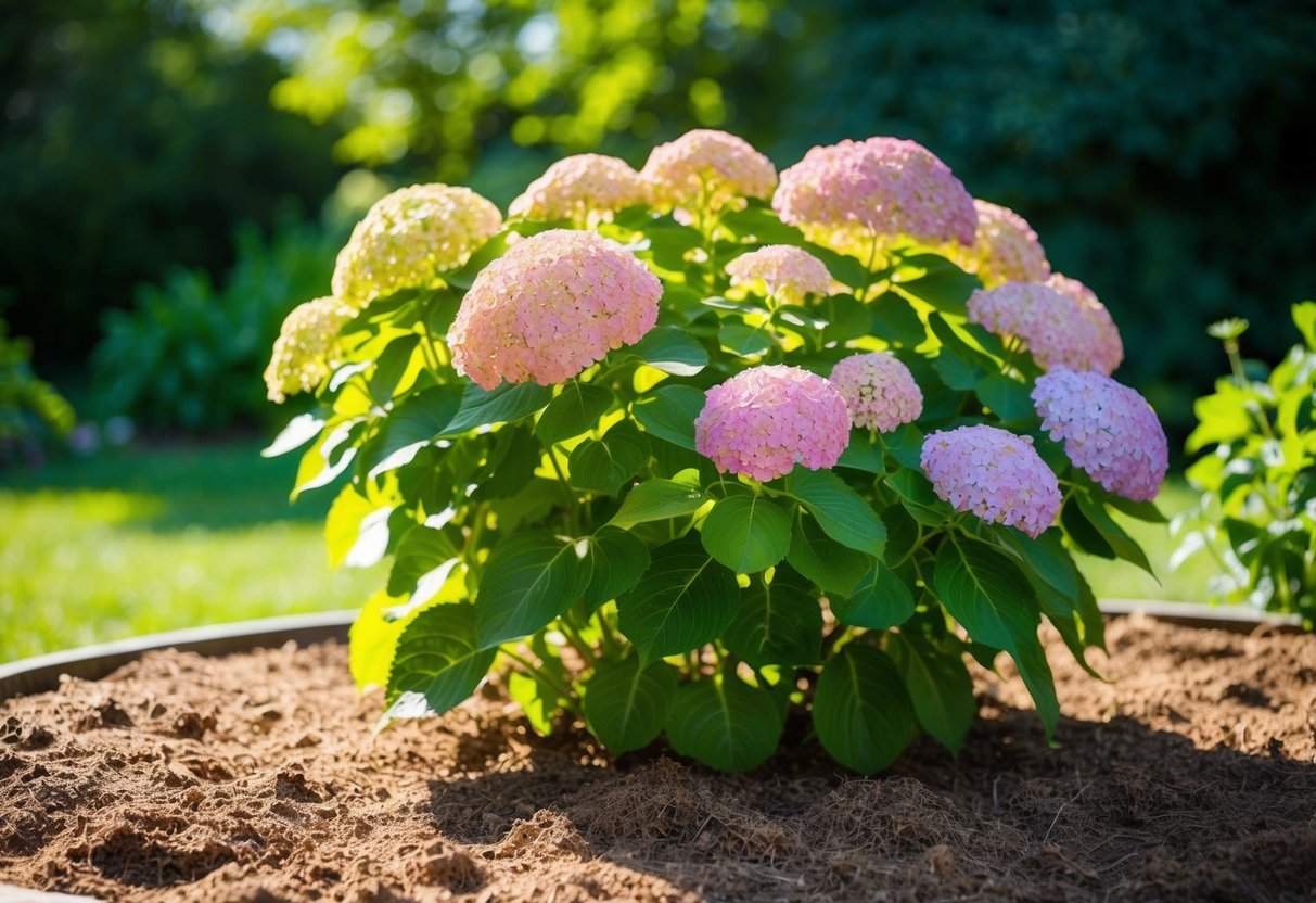 A vibrant hydrangea bush basking in the dappled sunlight of a well-drained garden bed, surrounded by rich, loamy soil