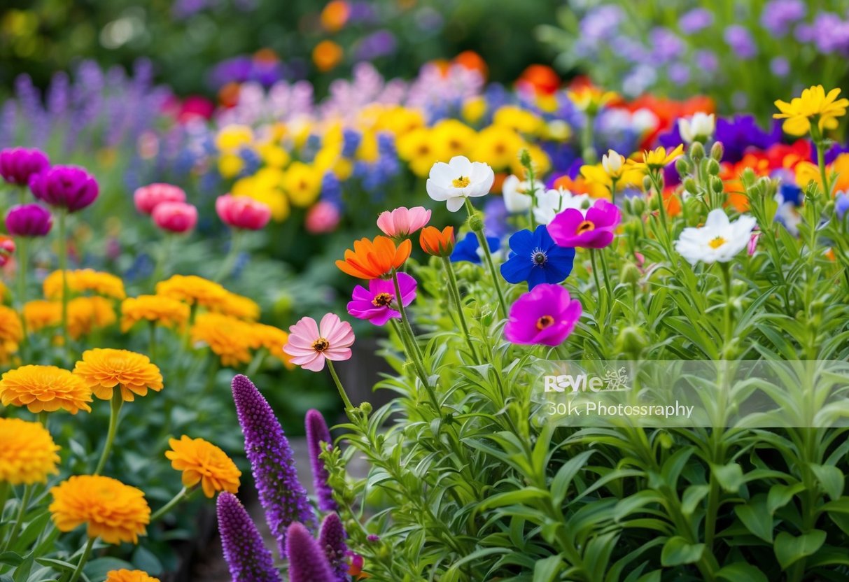 A colorful array of blooming flowers in a lush UK garden, showcasing the easiest varieties to grow