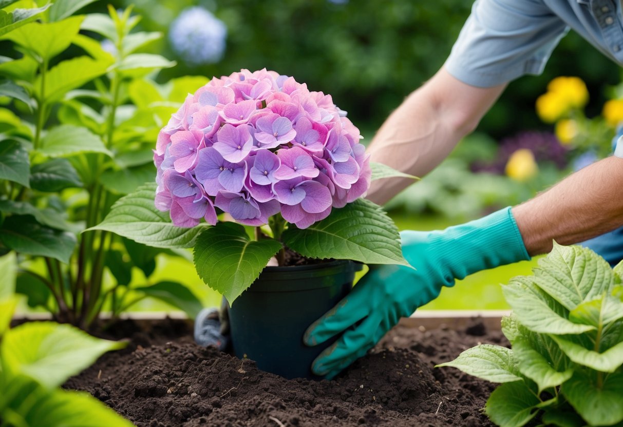 A gardener gently planting a vibrant hydrangea in rich, moist soil, surrounded by other thriving plants in a well-tended garden