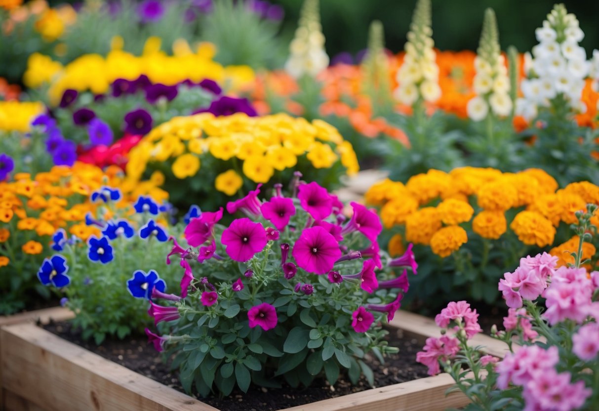 Colorful annual flowers fill garden beds with variety and beauty. Bright petunias, vibrant marigolds, and delicate snapdragons create a stunning display