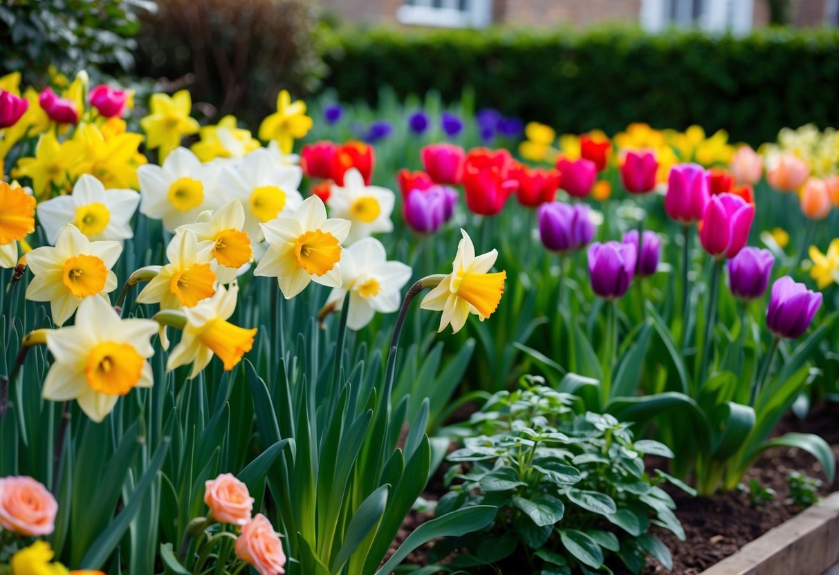 A variety of colorful flowers blooming in a well-tended garden, including daffodils, tulips, and roses, surrounded by lush green foliage