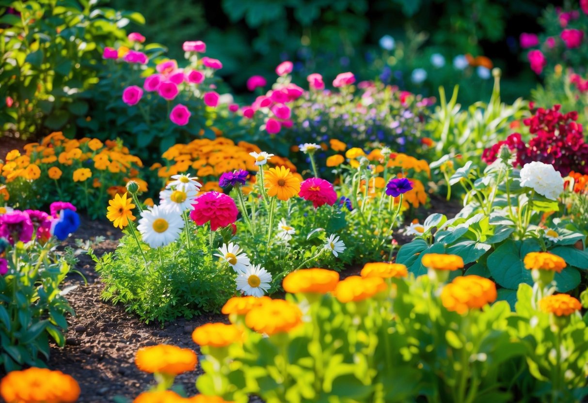 A vibrant garden bed bursting with colorful blooms, including daisies, roses, and marigolds, surrounded by lush green foliage and basking in the warm sunlight