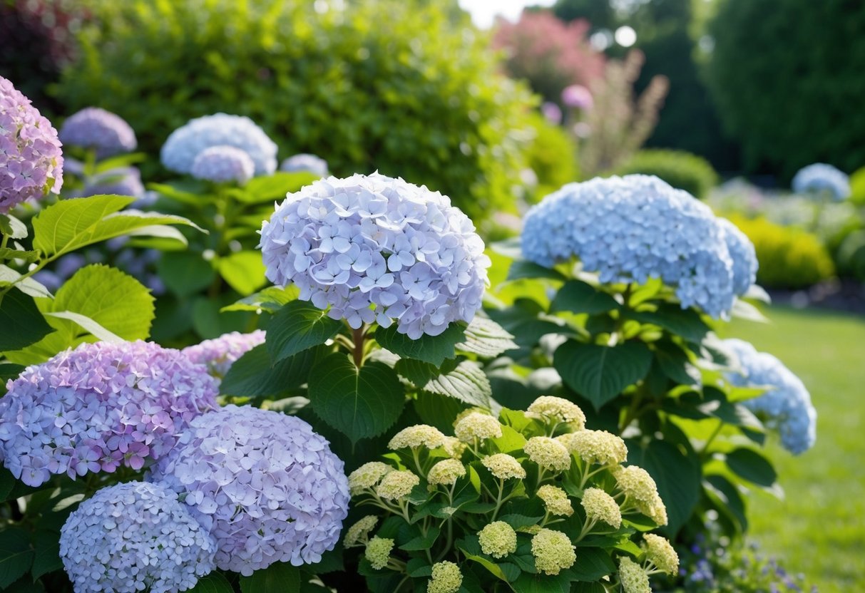 A lush garden with a variety of hydrangea bushes in full bloom, showcasing different pruning techniques for optimal growth