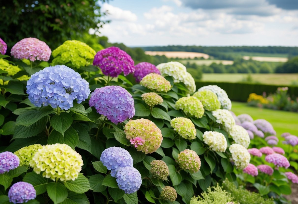 A lush garden with a variety of hydrangea plants in bloom, showcasing their vibrant colors and different sizes, set against a backdrop of a traditional British countryside landscape