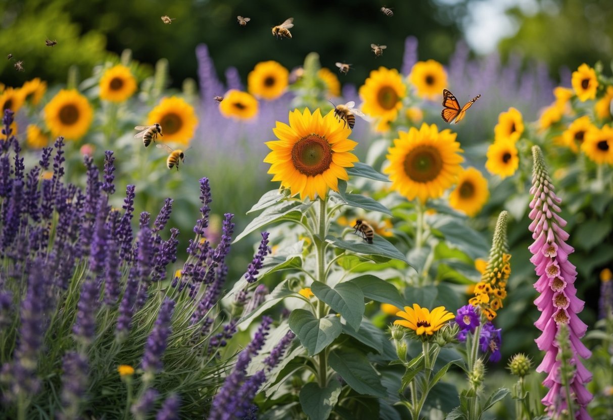 A lush garden bursting with colorful blooms like lavender, sunflowers, and foxgloves, buzzing with bees and fluttering with butterflies