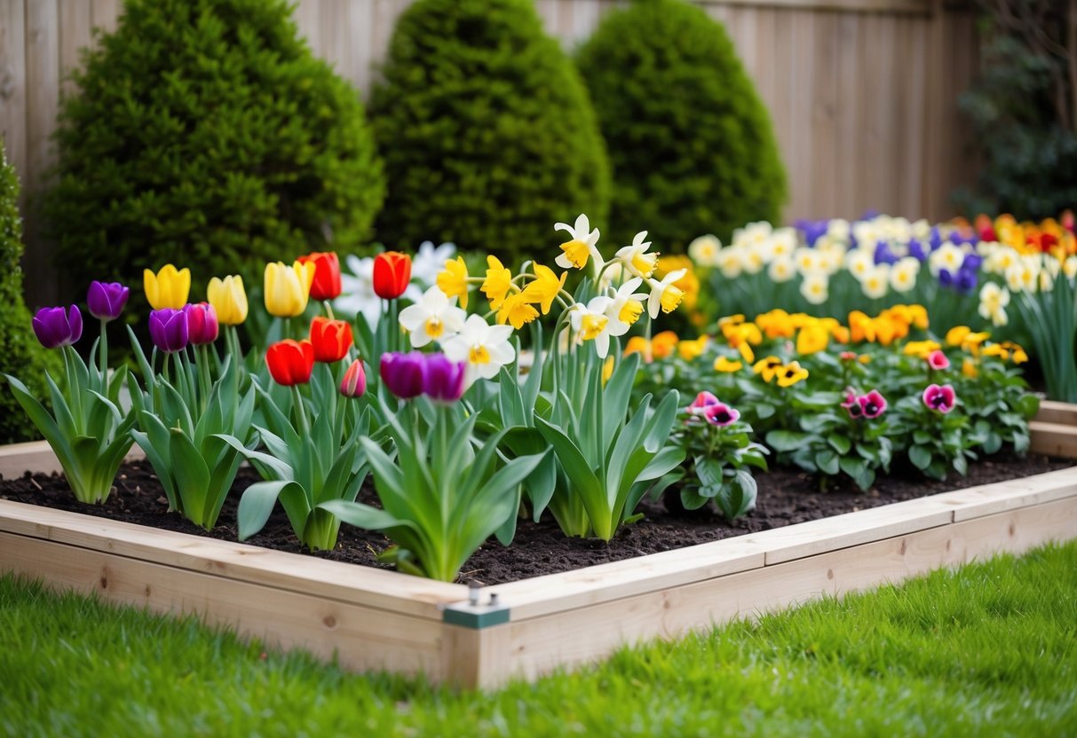 A garden bed with a variety of colorful flowers in bloom, including tulips, daffodils, and pansies, surrounded by neatly trimmed greenery