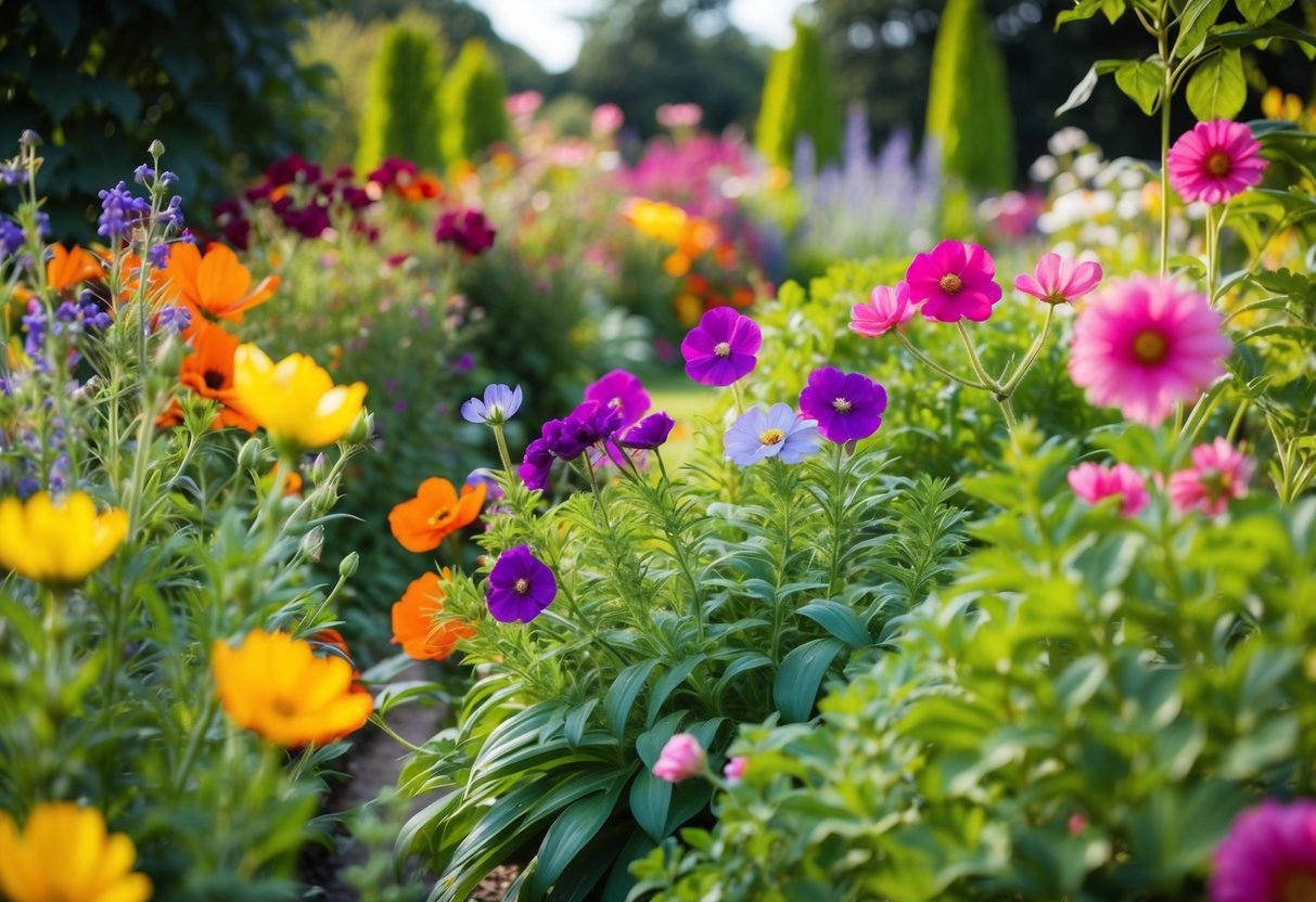 A lush garden with colorful, low-maintenance flowers blooming in the UK countryside