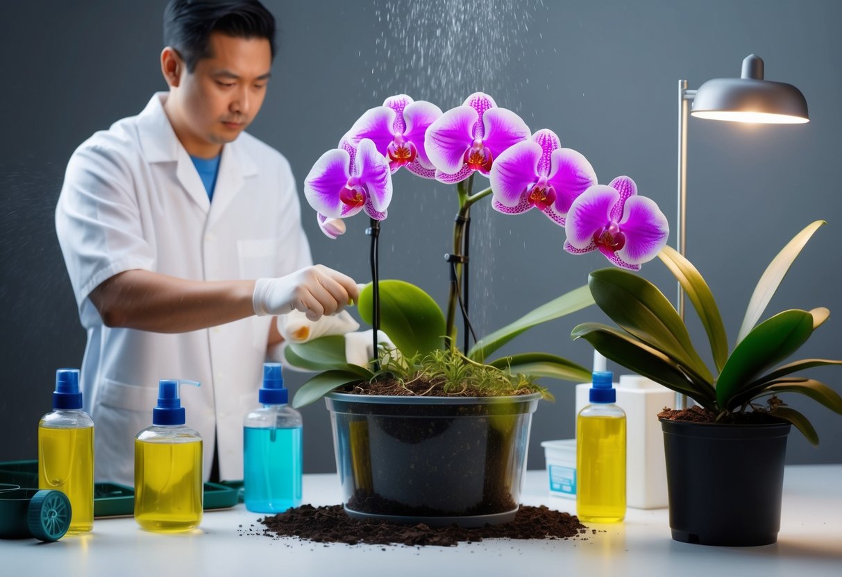 A delicate orchid surrounded by misters and plant food, with a caretaker checking the soil and adjusting the light