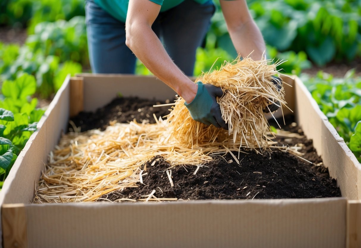 A person filling a raised bed with layers of compost, straw, and cardboard to create a cost-effective and nutrient-rich growing environment