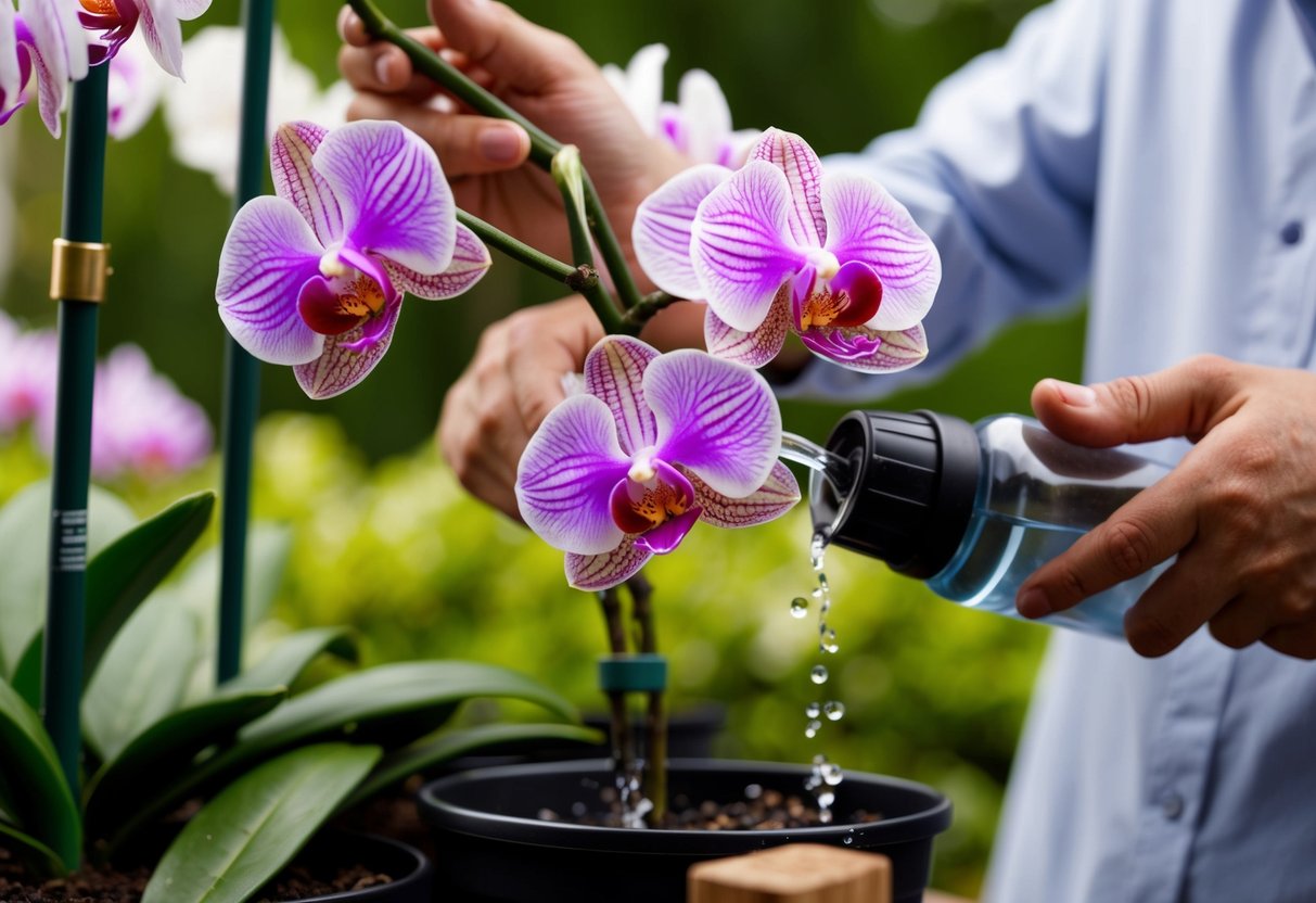 A delicate orchid being carefully watered and pruned by a gardener