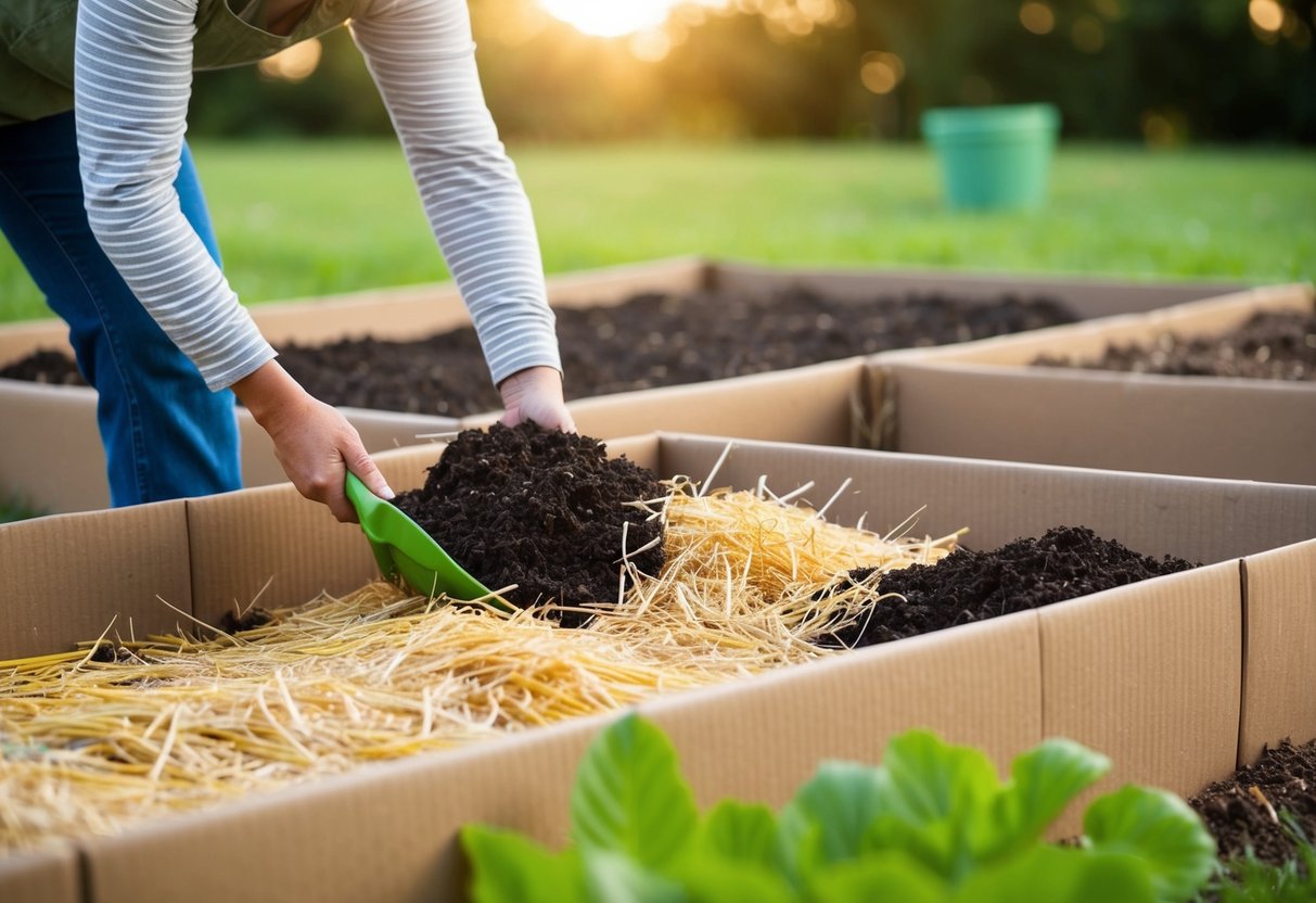 A person filling raised beds with layers of cardboard, straw, and compost to optimize drainage and moisture