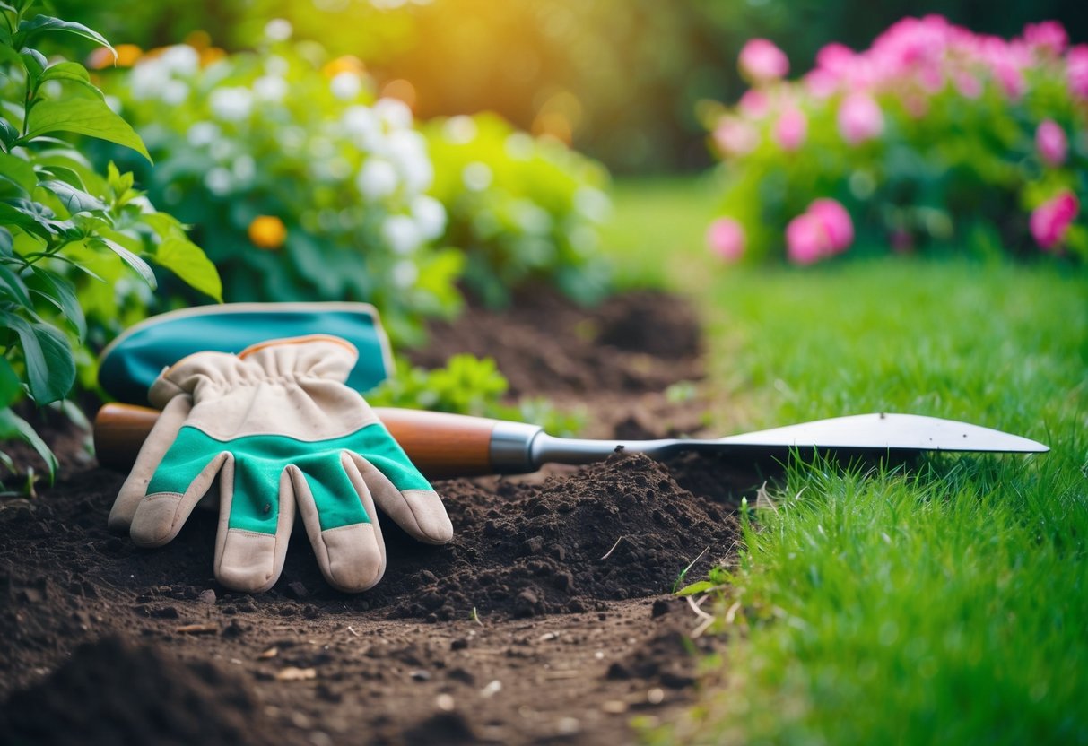 A pair of gardening gloves and a trowel lie on the ground next to a freshly turned patch of soil, surrounded by blooming flowers and lush greenery