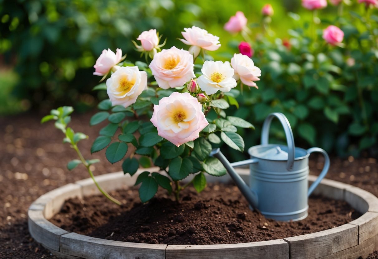 A delicate rose bush with vibrant blooms surrounded by carefully tended soil and a watering can nearby