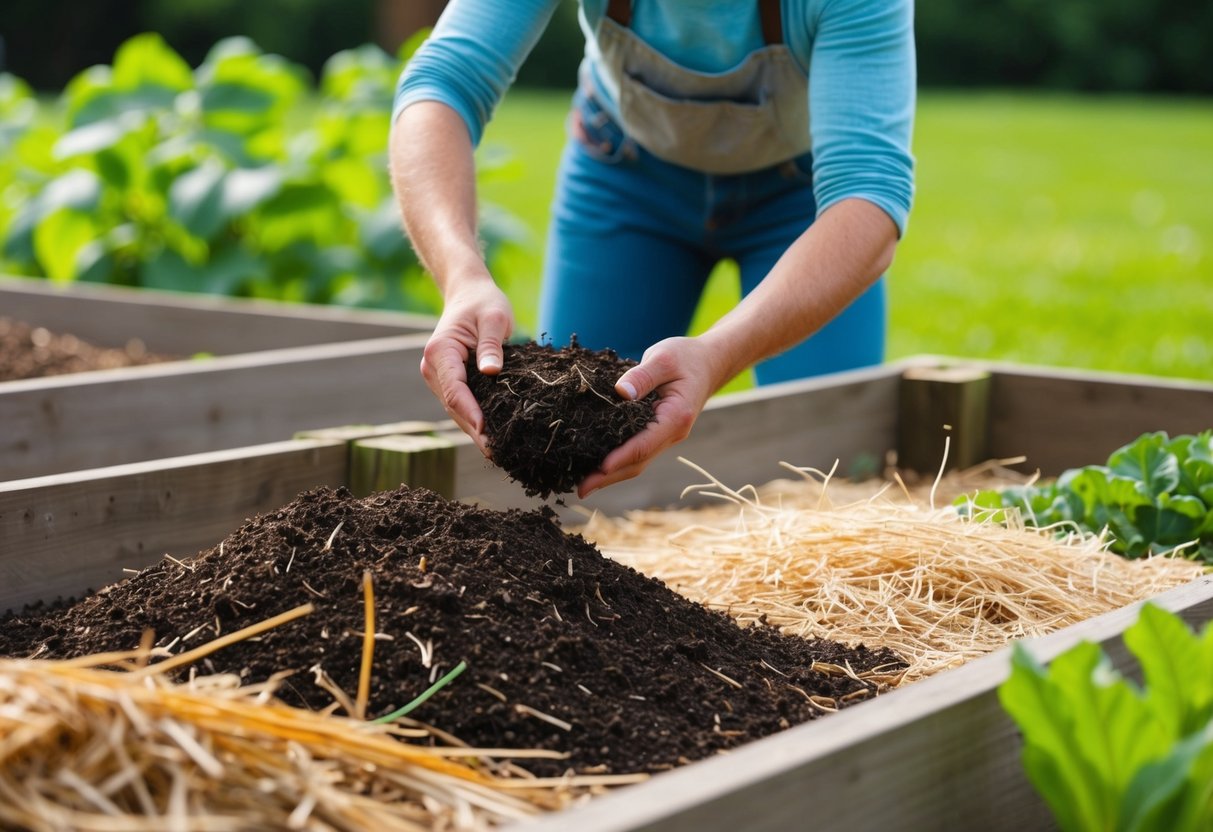 A person filling raised beds with free and low-cost organics such as compost, straw, and leaf mulch