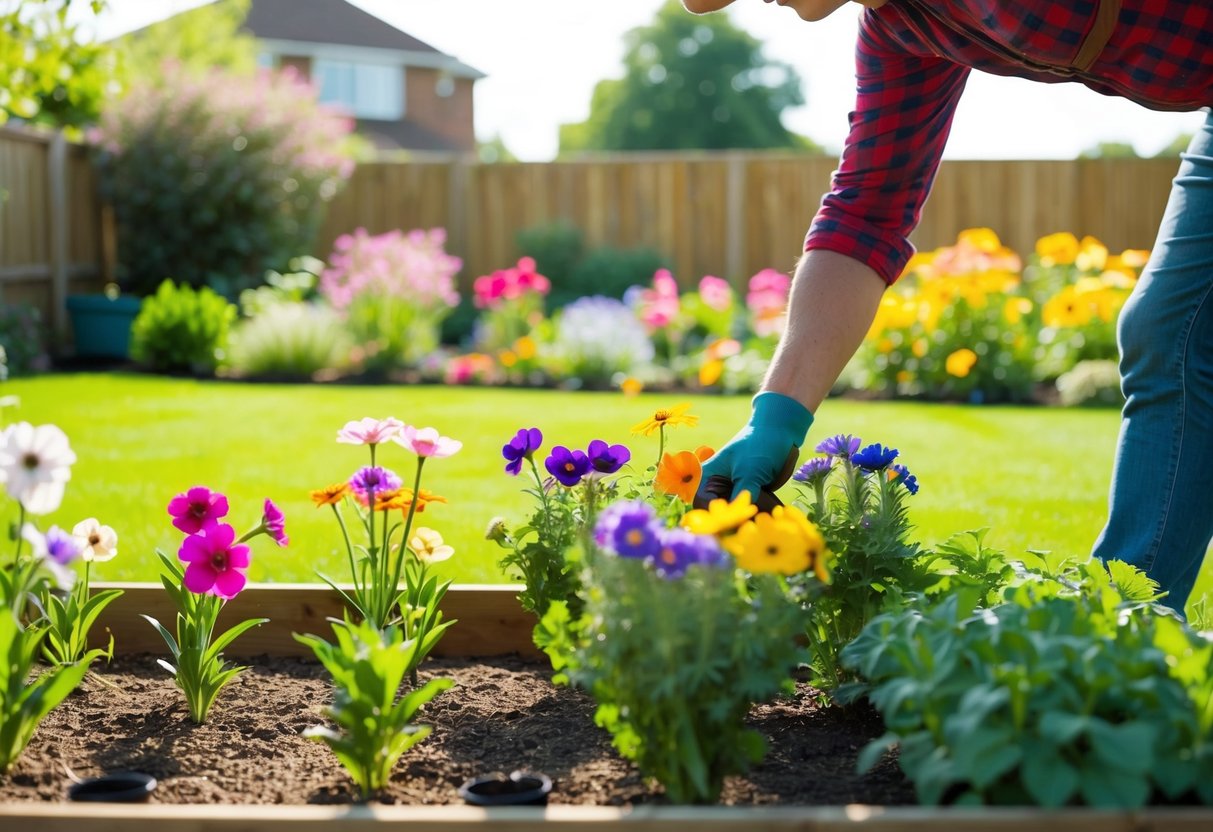 A sunny backyard with a variety of colorful flowers being carefully selected and planted in a well-maintained garden bed