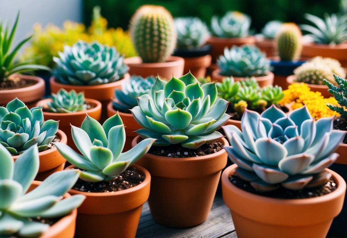 A succulent garden with vibrant, resilient blooms thriving in a variety of terracotta pots