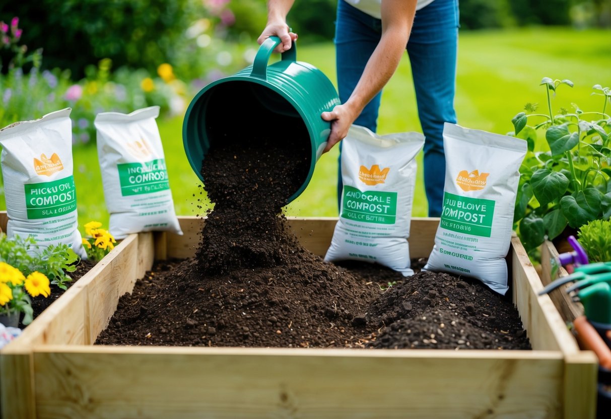 A person pouring compost and soil into a raised bed, surrounded by bags of inexpensive soil amendments and gardening tools