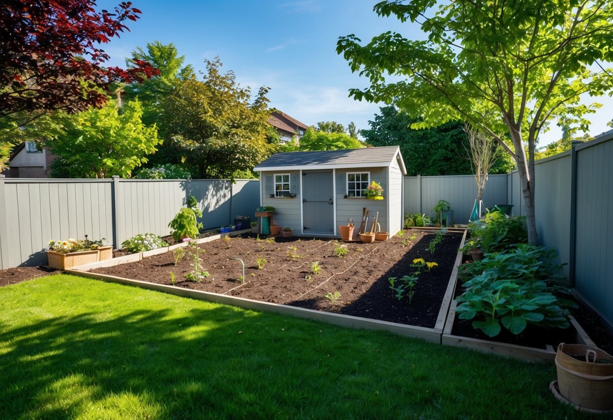 A sunny backyard with fertile soil, surrounded by a low fence and shaded by nearby trees. A small shed contains gardening tools