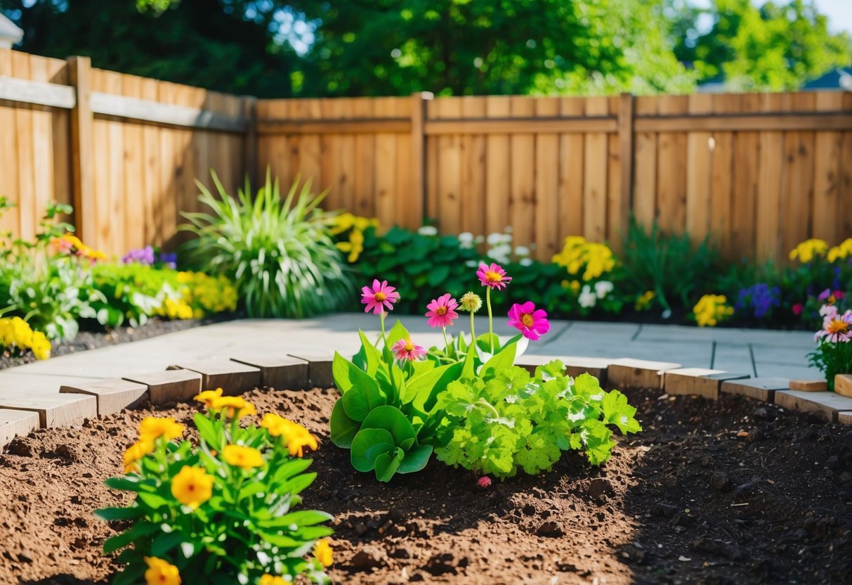 A sunny backyard with rich soil, surrounded by a wooden fence and filled with colorful flowers and lush green plants