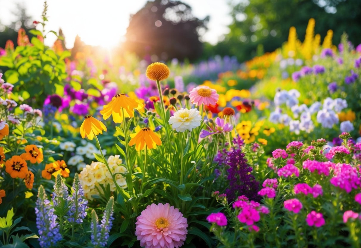 A vibrant garden bursting with colorful blooms from top perennial flowers, showcasing a variety of shapes and sizes in full bloom under the summer sun