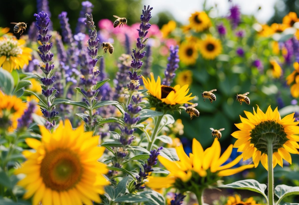 A vibrant garden filled with colorful flowers such as lavender, sunflowers, and wildflowers, with bees buzzing around, collecting nectar and pollen