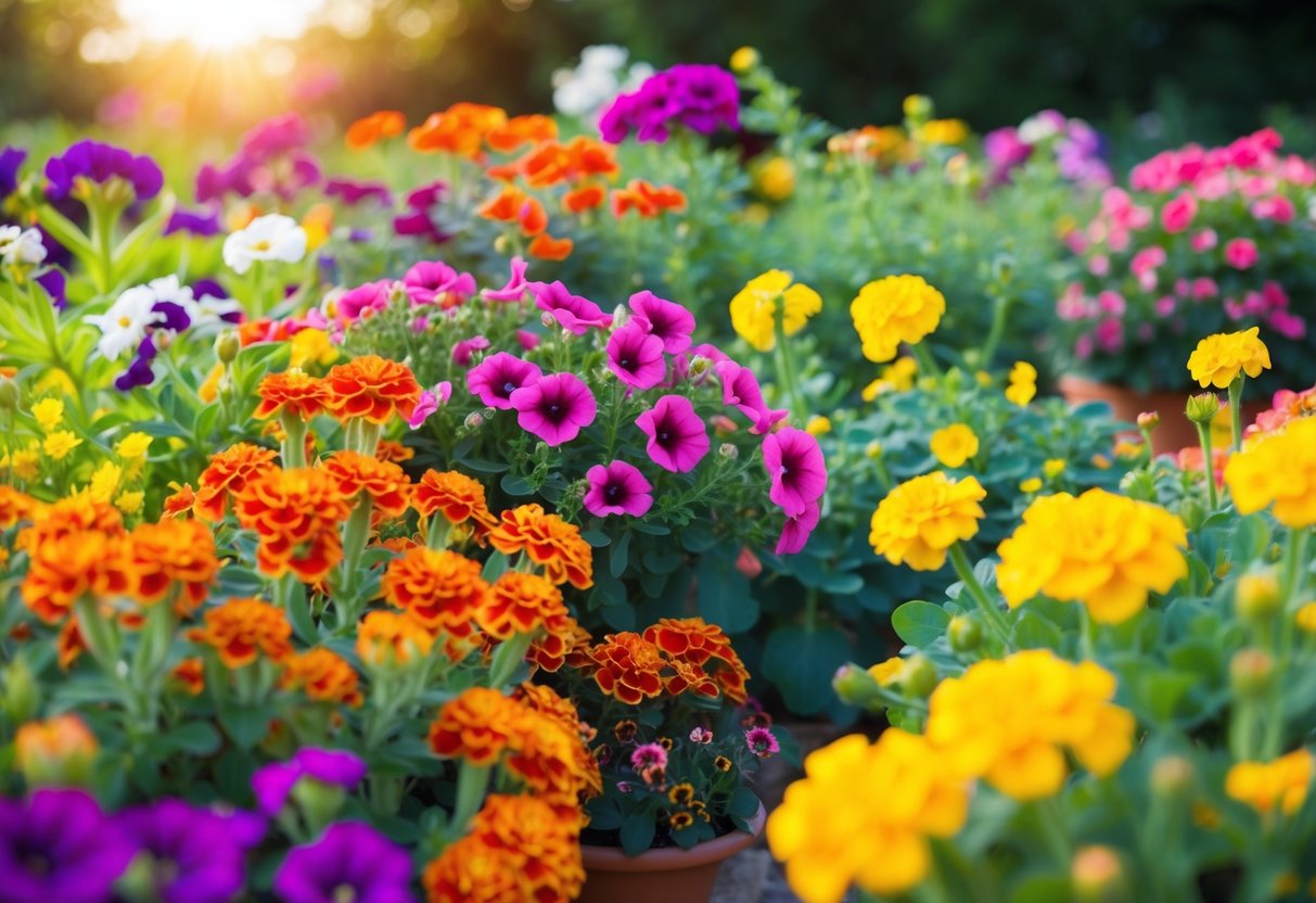 A vibrant garden bursting with colorful blooms, including petunias, marigolds, and geraniums, all thriving under the warm summer sun