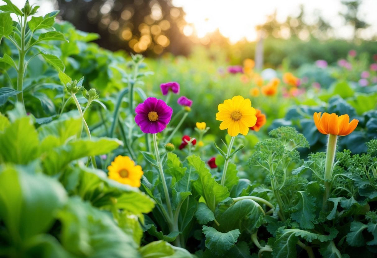 A lush garden with vibrant flowers intermingled among healthy vegetables, showcasing the benefits of companion planting